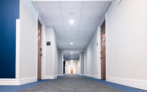 View of a hallway in a Columbia University undergraduate residence hall.