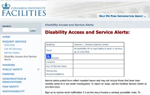Screenshot of Facilities website showing a Disability service alert.