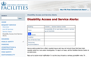 Screenshot of Facilities website showing a Disability service alert.