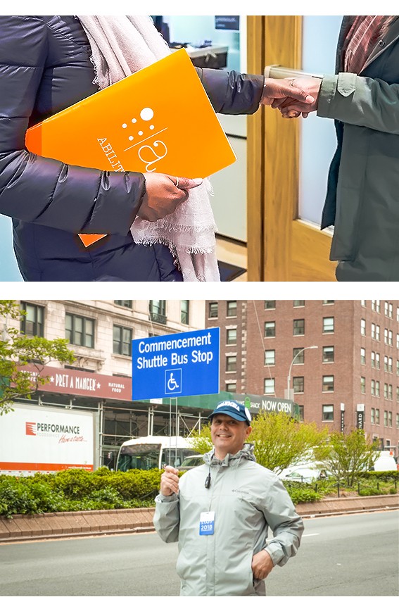 Two photos, one of a student shaking hands in front of Columbia University's Disability Services office, and the other of a Columbia employee volunteer holding a sign advertising the Columbia Commencement shuttle, with the handicapped symbol on the sign.