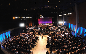 Image of an event being held in the auditorium at Lerner Hall on Columbia University's campus.